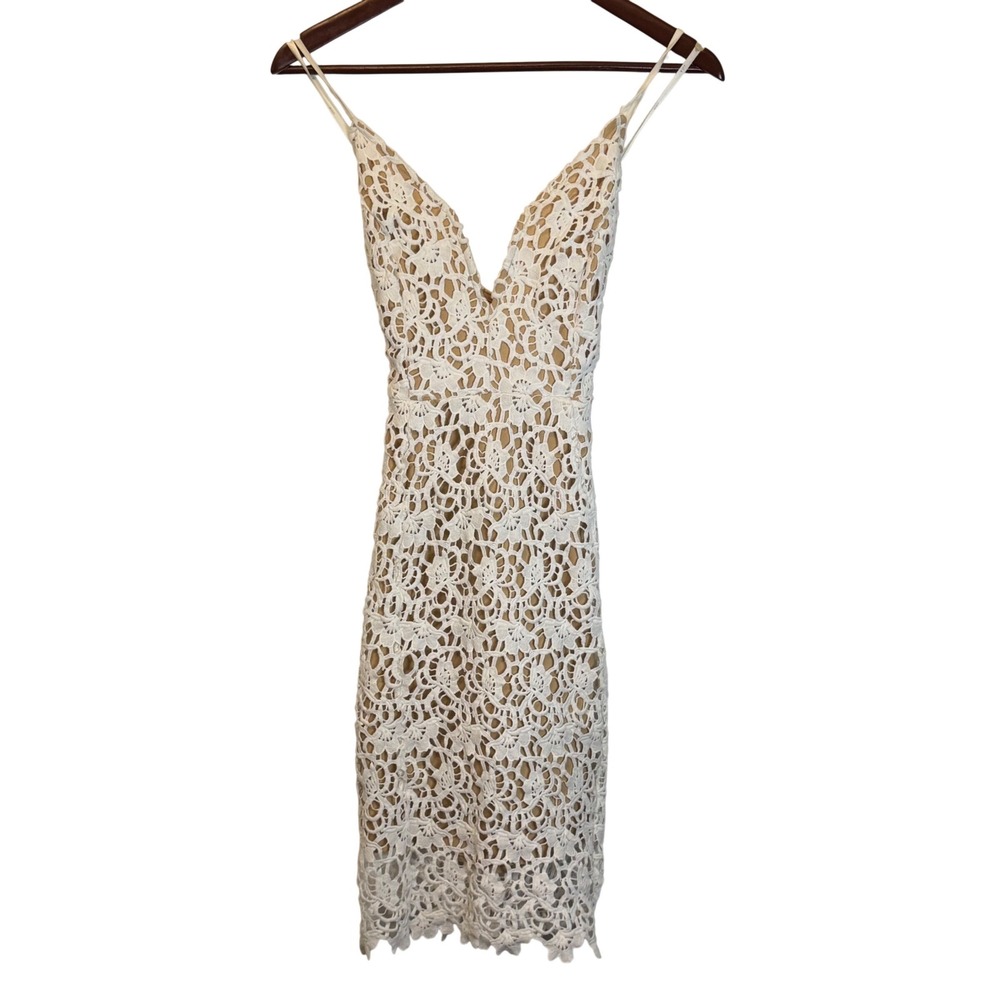 Revolve J.O.A. Los Angeles White Crochet Lace V-Neck Boho Cocktail Mini Dress XS - Picture 4 of 9